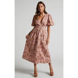 AMALIE THE LABEL Women’s Size 4 Franc Linen Puff Sleeve Wrap Midi Dress